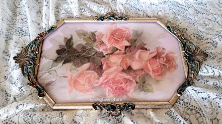 Beust pink roses print antique fancy frame