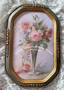 Mc Lennan pink roses antique print barbola frame