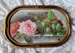 Paul de Longpre roses bumblebees print antique convex glass frame