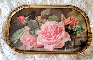 Paul de Longpre pink roses print convex glass frame 24K gold plated