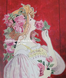 Mucha lady roses vintage print gold fancy frame